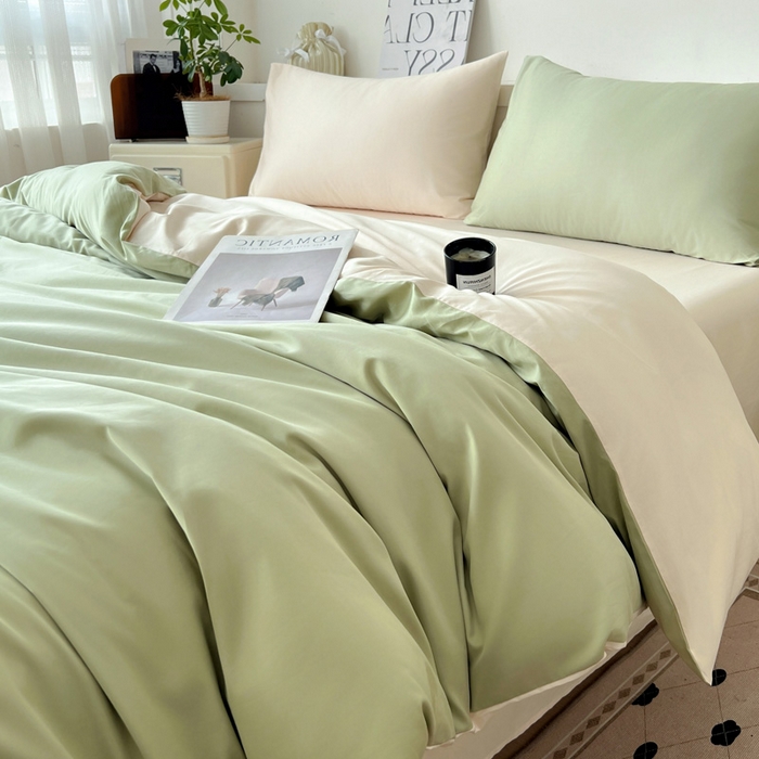 91家纺网 家纺一手货源 找家纺 耀悦家纺 2026春夏新款60支纯棉四件套长绒棉全棉纯棉四件套床单被套枕套 抹茶绿+灵动白桃