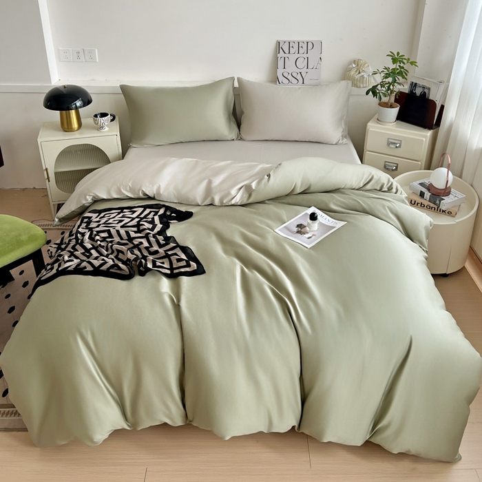 91家纺网 家纺一手货源 找家纺 耀悦家纺 2026春夏新款60支纯棉四件套长绒棉全棉纯棉四件套床单被套枕套 沙茶绿+古典灰