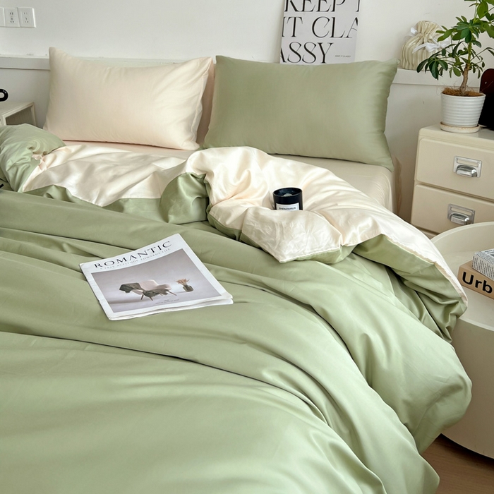 91家纺网 家纺一手货源 找家纺 耀悦家纺 2026春夏新款60支纯棉四件套长绒棉全棉纯棉四件套床单被套枕套 抹茶绿+灵动白桃