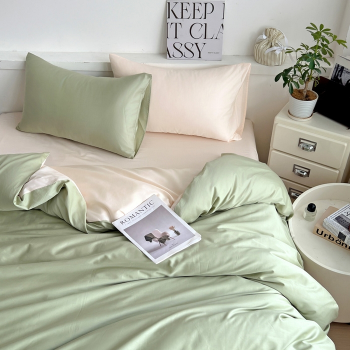 91家纺网 家纺一手货源 找家纺 耀悦家纺 2026春夏新款60支纯棉四件套长绒棉全棉纯棉四件套床单被套枕套 抹茶绿+灵动白桃