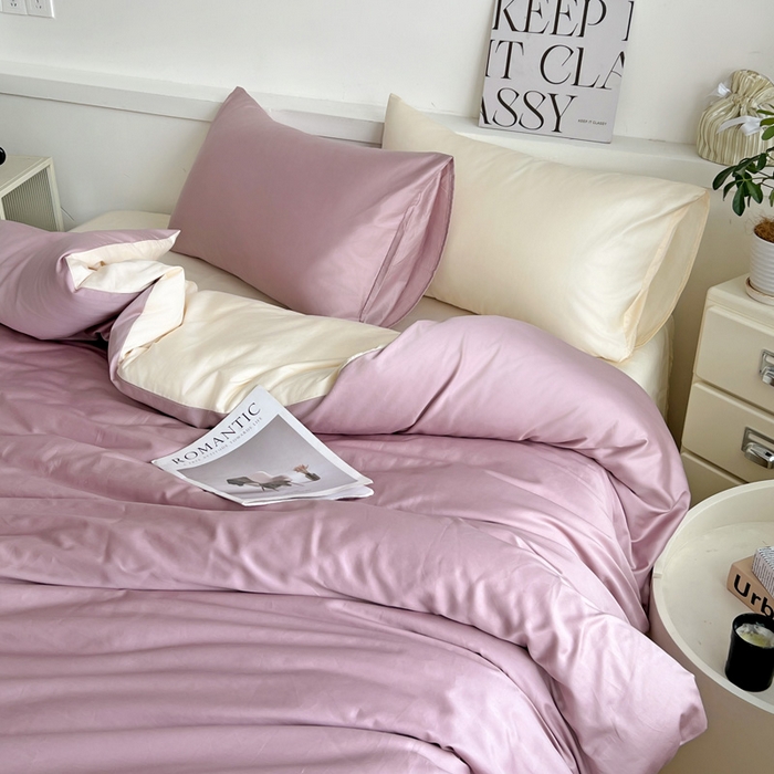 91家纺网 家纺一手货源 找家纺 耀悦家纺 2026春夏新款60支纯棉四件套长绒棉全棉纯棉四件套床单被套枕套 优雅紫+暖阳黄