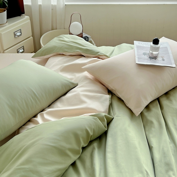 91家纺网 家纺一手货源 找家纺 耀悦家纺 2026春夏新款60支纯棉四件套长绒棉全棉纯棉四件套床单被套枕套 抹茶绿+灵动白桃