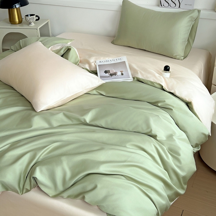 91家纺网 家纺一手货源 找家纺 耀悦家纺 2026春夏新款60支纯棉四件套长绒棉全棉纯棉四件套床单被套枕套 抹茶绿+灵动白桃