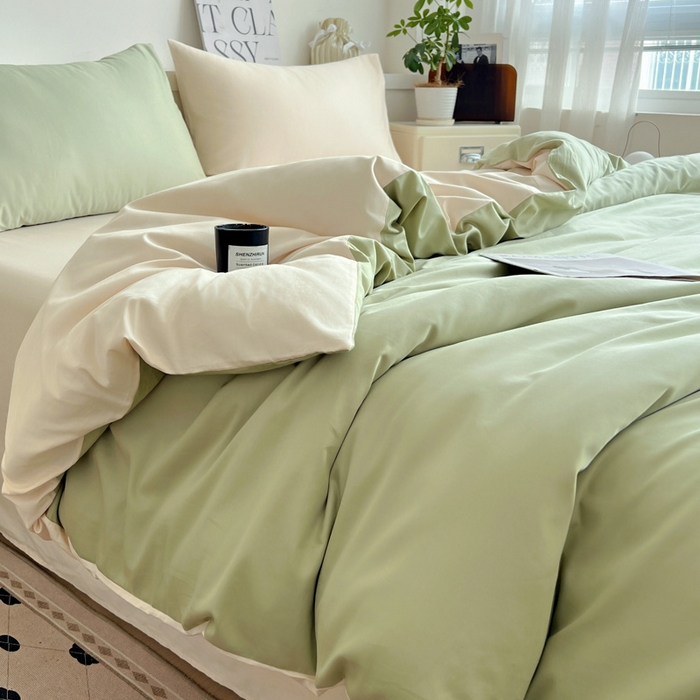 91家纺网 家纺一手货源 找家纺 耀悦家纺 2026春夏新款60支纯棉四件套长绒棉全棉纯棉四件套床单被套枕套 抹茶绿+灵动白桃