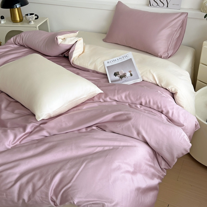 91家纺网 家纺一手货源 找家纺 耀悦家纺 2026春夏新款60支纯棉四件套长绒棉全棉纯棉四件套床单被套枕套 优雅紫+暖阳黄