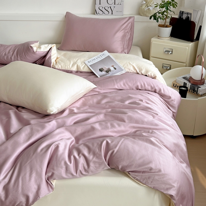 91家纺网 家纺一手货源 找家纺 耀悦家纺 2026春夏新款60支纯棉四件套长绒棉全棉纯棉四件套床单被套枕套 优雅紫+暖阳黄