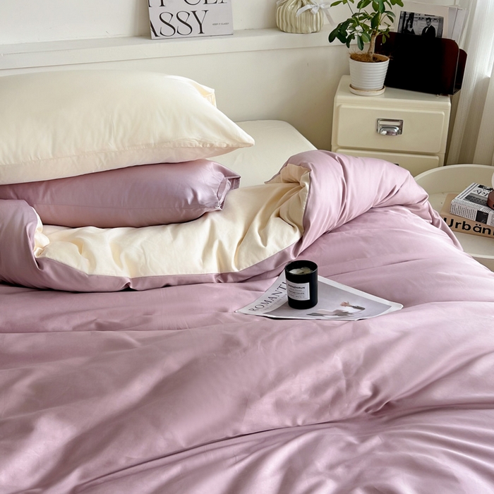 91家纺网 家纺一手货源 找家纺 耀悦家纺 2026春夏新款60支纯棉四件套长绒棉全棉纯棉四件套床单被套枕套 优雅紫+暖阳黄