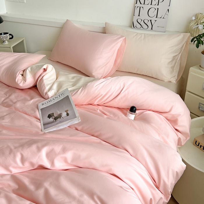 91家纺网 家纺一手货源 找家纺 耀悦家纺 2026春夏新款60支纯棉四件套长绒棉全棉纯棉四件套床单被套枕套 少女粉+灵动白桃