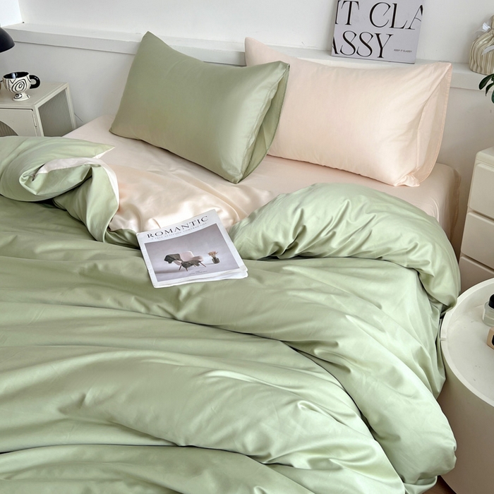 91家纺网 家纺一手货源 找家纺 耀悦家纺 2026春夏新款60支纯棉四件套长绒棉全棉纯棉四件套床单被套枕套 抹茶绿+灵动白桃