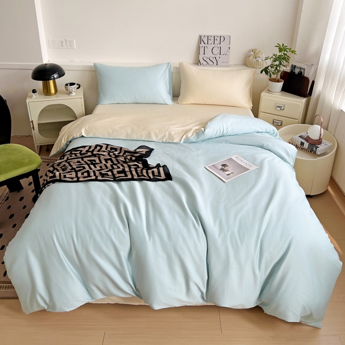 91家纺网 家纺一手货源 找家纺 耀悦家纺 2026春夏新款60支纯棉四件套长绒棉全棉纯棉四件套床单被套枕套 海艳蓝+暖阳黄