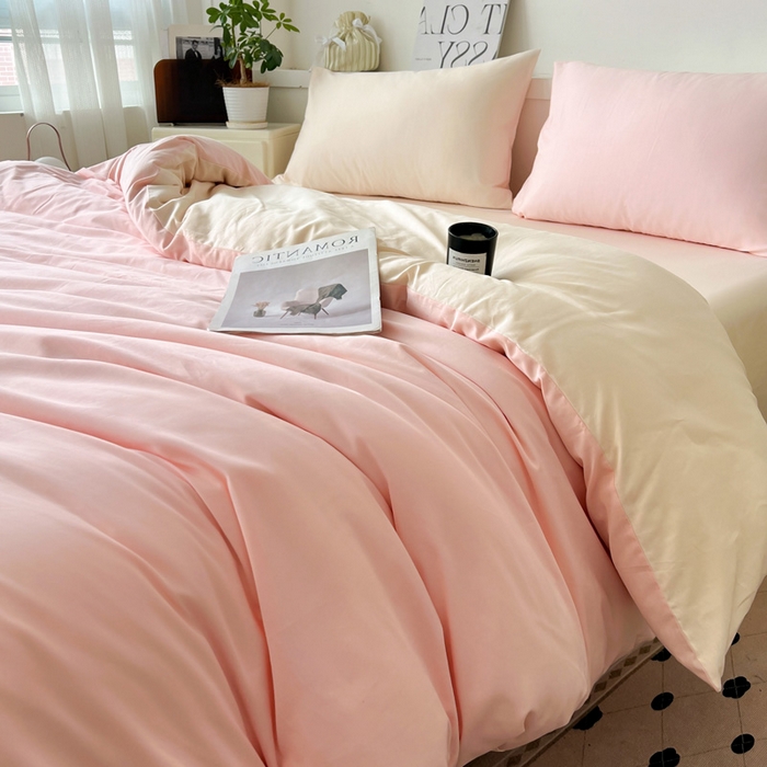 91家纺网 家纺一手货源 找家纺 耀悦家纺 2026春夏新款60支纯棉四件套长绒棉全棉纯棉四件套床单被套枕套 少女粉+灵动白桃