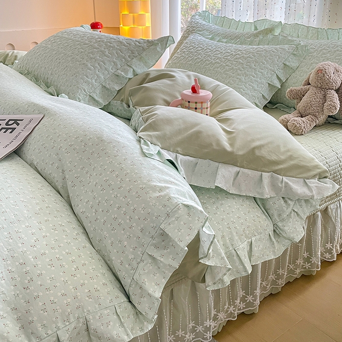 91家纺网 家纺一手货源 找家纺 艺慕家纺 2026新款直播热款古法仿棉AB版水洗棉印花双层蕾丝花边床盖四件套 AB版-薄荷绿