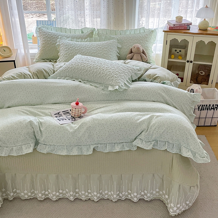 91家纺网 家纺一手货源 找家纺 艺慕家纺 2026新款直播热款古法仿棉AB版水洗棉印花双层蕾丝花边床盖四件套 AB版-薄荷绿