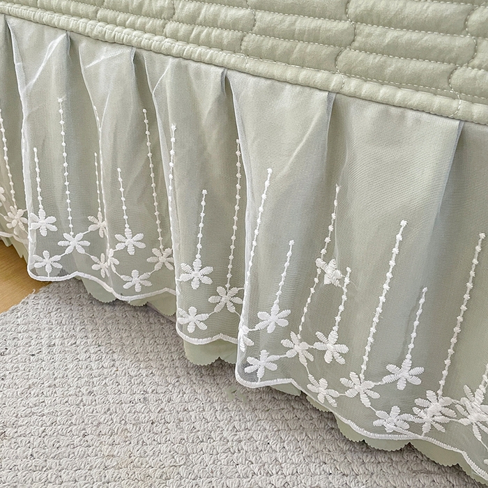 91家纺网 家纺一手货源 找家纺 艺慕家纺 2026新款直播热款古法仿棉AB版水洗棉印花双层蕾丝花边床盖四件套 AB版-薄荷绿