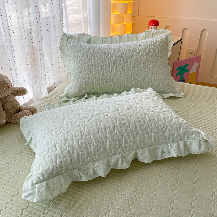 91家纺网 家纺一手货源 找家纺 艺慕家纺 2026新款直播热款古法仿棉AB版水洗棉印花双层蕾丝花边床盖四件套 AB版-薄荷绿