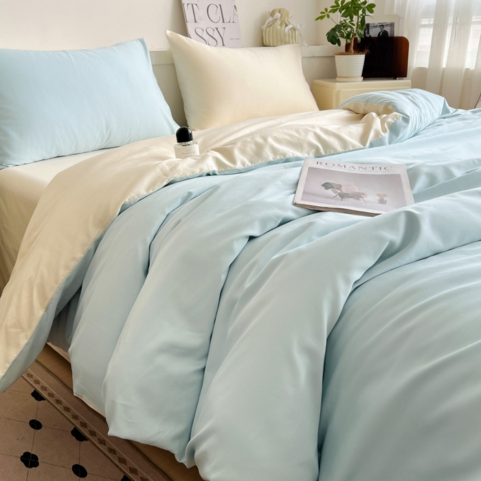 91家纺网 家纺一手货源 找家纺 耀悦家纺 2026春夏新款60支纯棉四件套长绒棉全棉纯棉四件套床单被套枕套 海艳蓝+暖阳黄