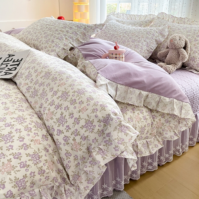 91家纺网 家纺一手货源 找家纺 艺慕家纺 2026新款直播热款古法仿棉AB版水洗棉印花双层蕾丝花边床盖四件套 AB版-丁香花