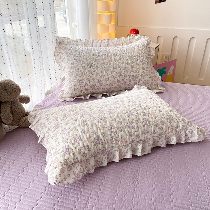 91家纺网 家纺一手货源 找家纺 艺慕家纺 2026新款直播热款古法仿棉AB版水洗棉印花双层蕾丝花边床盖四件套 AB版-丁香花