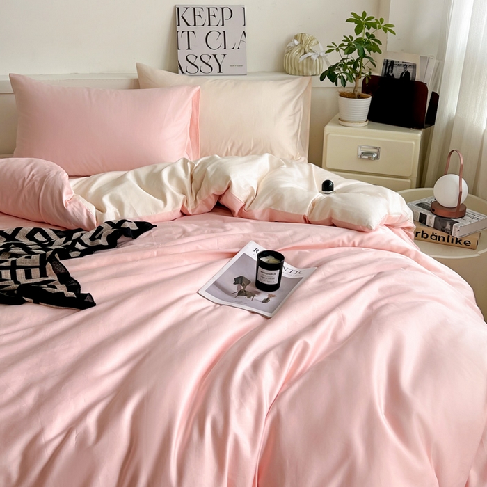 91家纺网 家纺一手货源 找家纺 耀悦家纺 2026春夏新款60支纯棉四件套长绒棉全棉纯棉四件套床单被套枕套 少女粉+灵动白桃