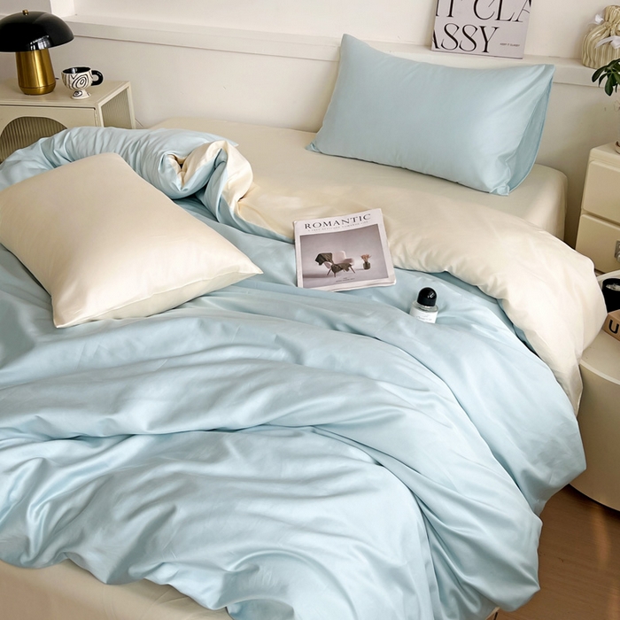 91家纺网 家纺一手货源 找家纺 耀悦家纺 2026春夏新款60支纯棉四件套长绒棉全棉纯棉四件套床单被套枕套 海艳蓝+暖阳黄