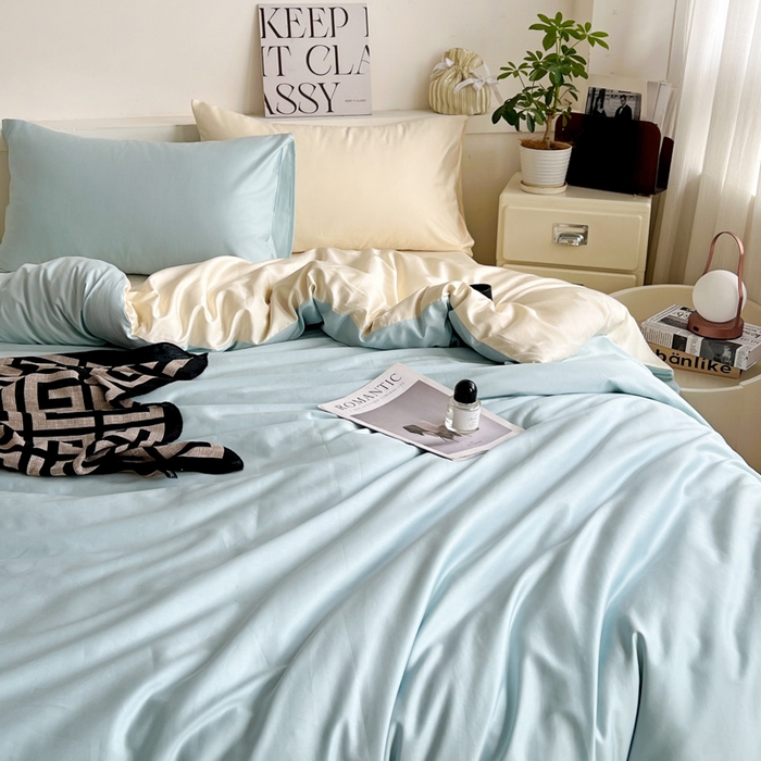 91家纺网 家纺一手货源 找家纺 耀悦家纺 2026春夏新款60支纯棉四件套长绒棉全棉纯棉四件套床单被套枕套 海艳蓝+暖阳黄