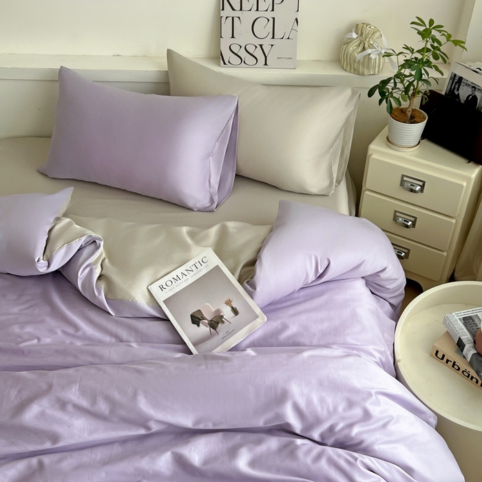 91家纺网 家纺一手货源 找家纺 耀悦家纺 2026春夏新款60支纯棉四件套长绒棉全棉纯棉四件套床单被套枕套 风信紫+古典灰