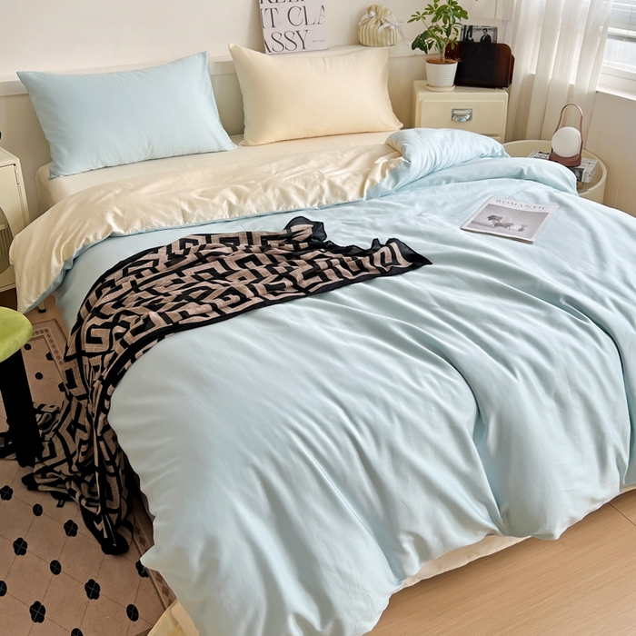 91家纺网 家纺一手货源 找家纺 耀悦家纺 2026春夏新款60支纯棉四件套长绒棉全棉纯棉四件套床单被套枕套 海艳蓝+暖阳黄