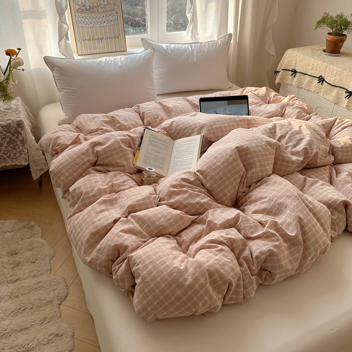 91家纺网 家纺一手货源 找家纺 六巷胡同 2026新款A类全棉纯棉水洗棉色织格子单品被套 被套单件 知序-橘格