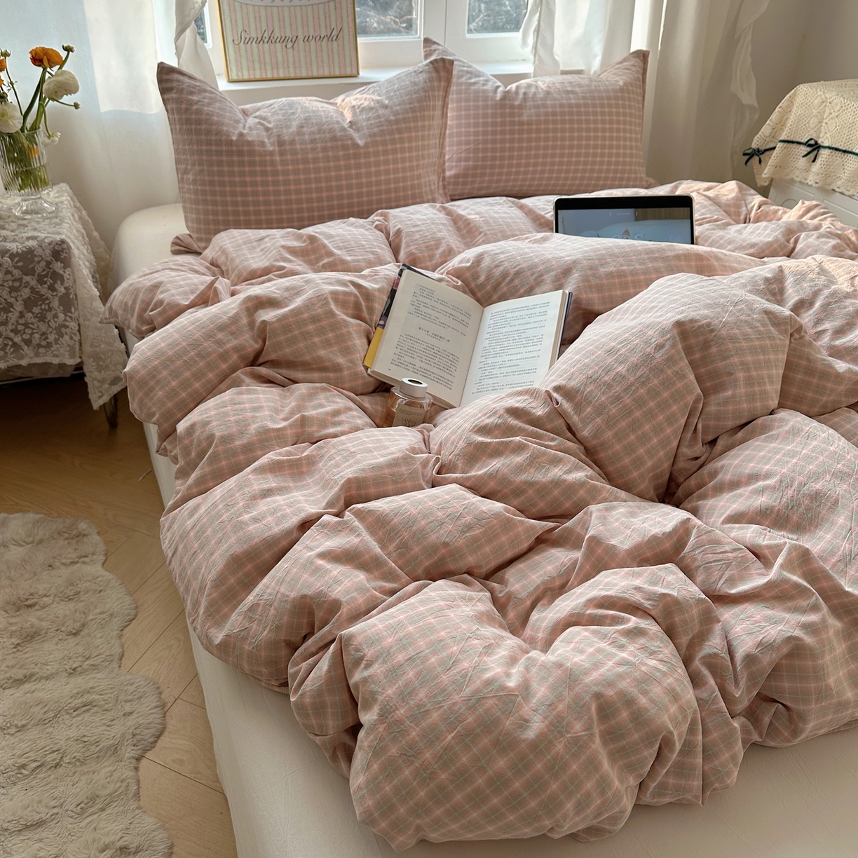 91家纺网 家纺一手货源 找家纺 六巷胡同 2026新款A类全棉纯棉水洗棉色织格子单品被套 被套单件 知序-橘格
