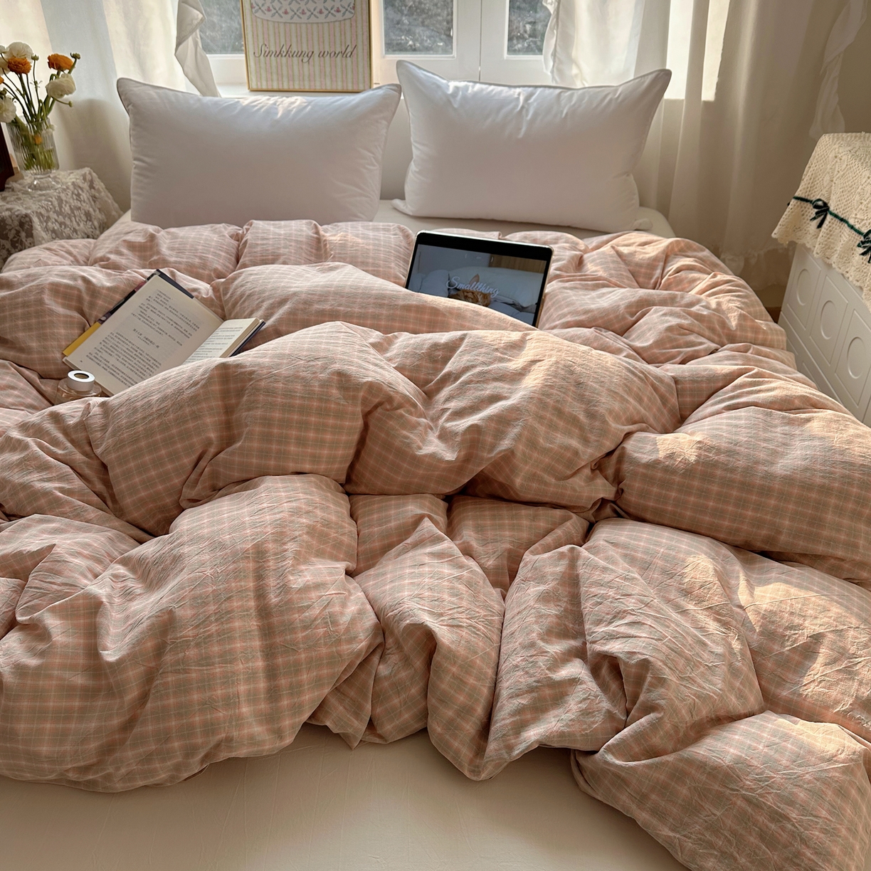 91家纺网 家纺一手货源 找家纺 六巷胡同 2026新款A类全棉纯棉水洗棉色织格子单品被套 被套单件 知序-橘格