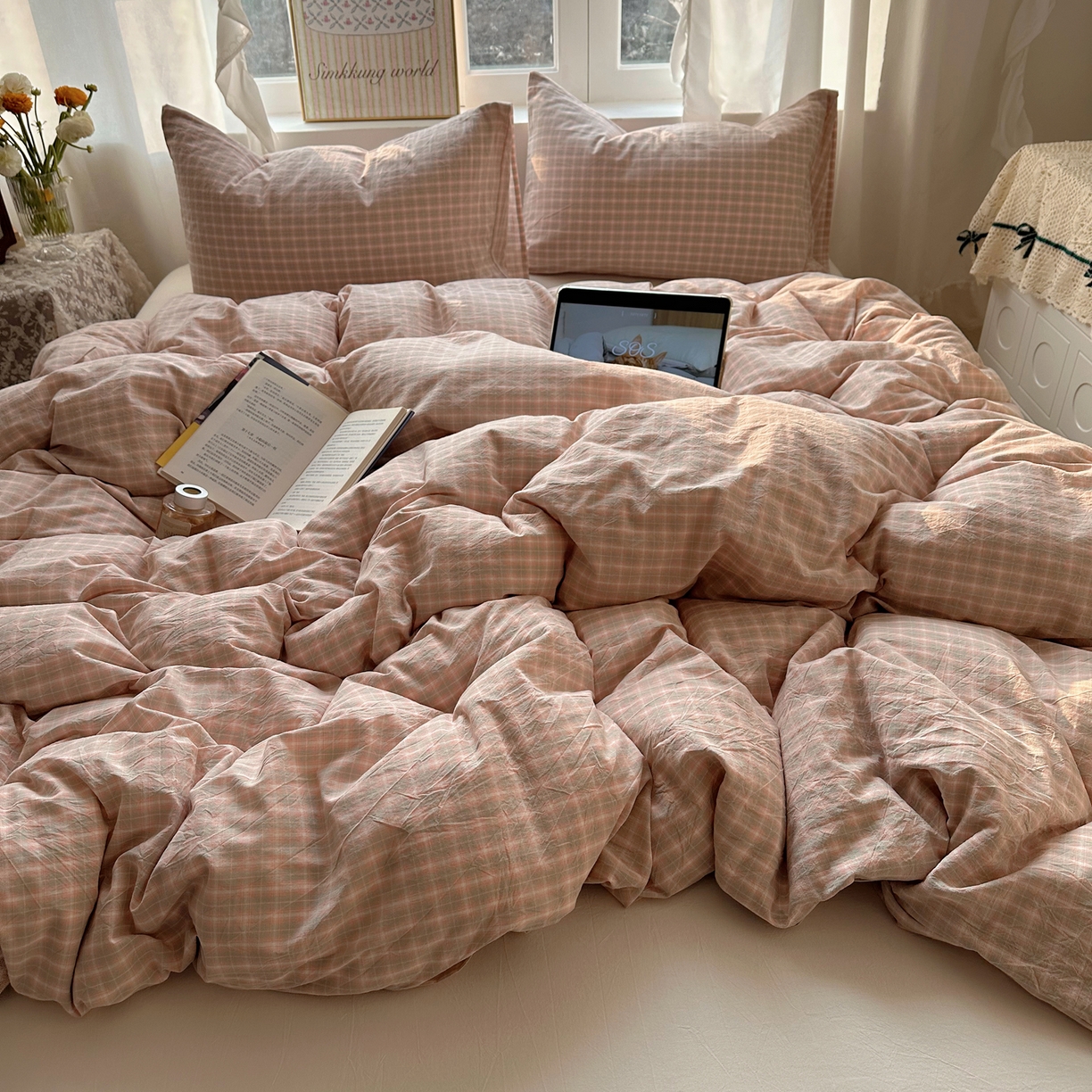 91家纺网 家纺一手货源 找家纺 六巷胡同 2026新款A类全棉纯棉水洗棉色织格子单品被套 被套单件 知序-橘格