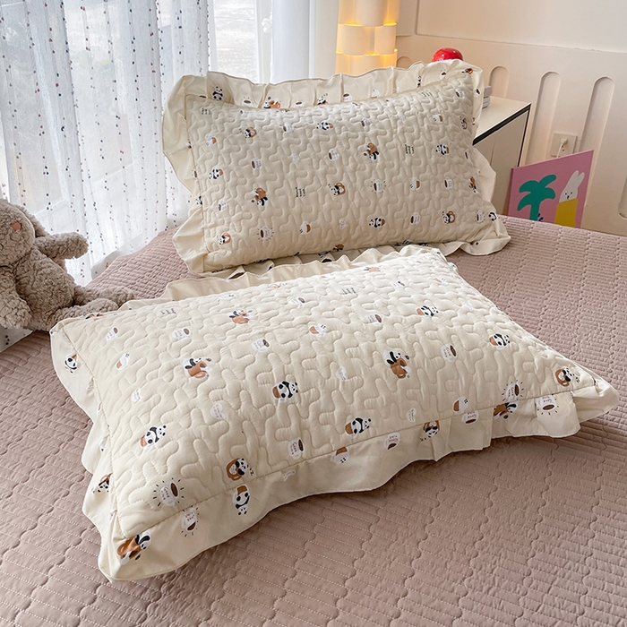 91家纺网 家纺一手货源 找家纺 艺慕家纺 2026新款直播热款古法仿棉AB版水洗棉印花双层蕾丝花边床盖四件套 AB版-可爱熊仔