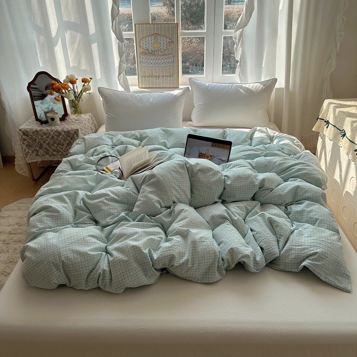 91家纺网 家纺一手货源 找家纺 六巷胡同 2026新款A类全棉纯棉水洗棉色织格子单品被套 被套单件 知序-蓝格