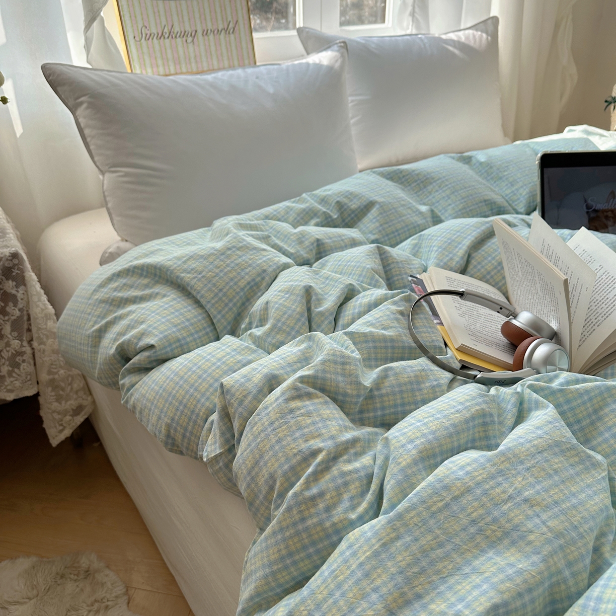 91家纺网 家纺一手货源 找家纺 六巷胡同 2026新款A类全棉纯棉水洗棉色织格子单品被套 被套单件 知序-蓝格