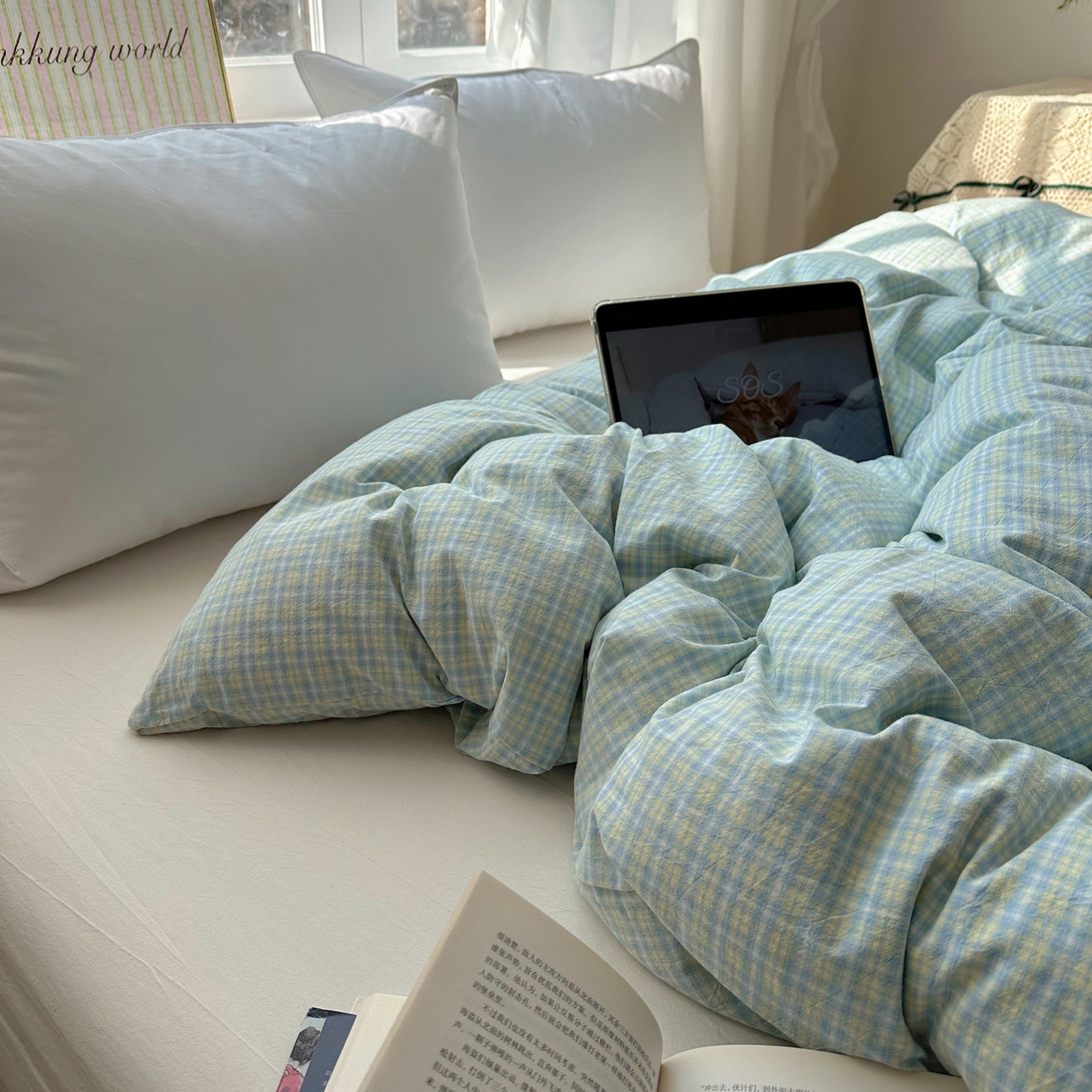 91家纺网 家纺一手货源 找家纺 六巷胡同 2026新款A类全棉纯棉水洗棉色织格子单品被套 被套单件 知序-蓝格