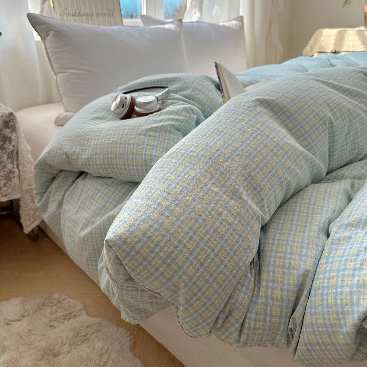 91家纺网 家纺一手货源 找家纺 六巷胡同 2026新款A类全棉纯棉水洗棉色织格子单品被套 被套单件 知序-蓝格