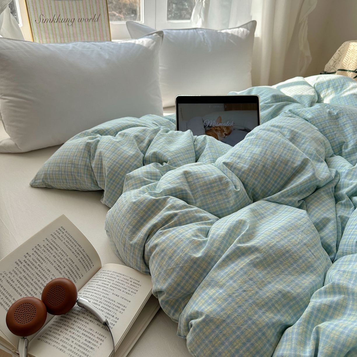 91家纺网 家纺一手货源 找家纺 六巷胡同 2026新款A类全棉纯棉水洗棉色织格子单品被套 被套单件 知序-蓝格