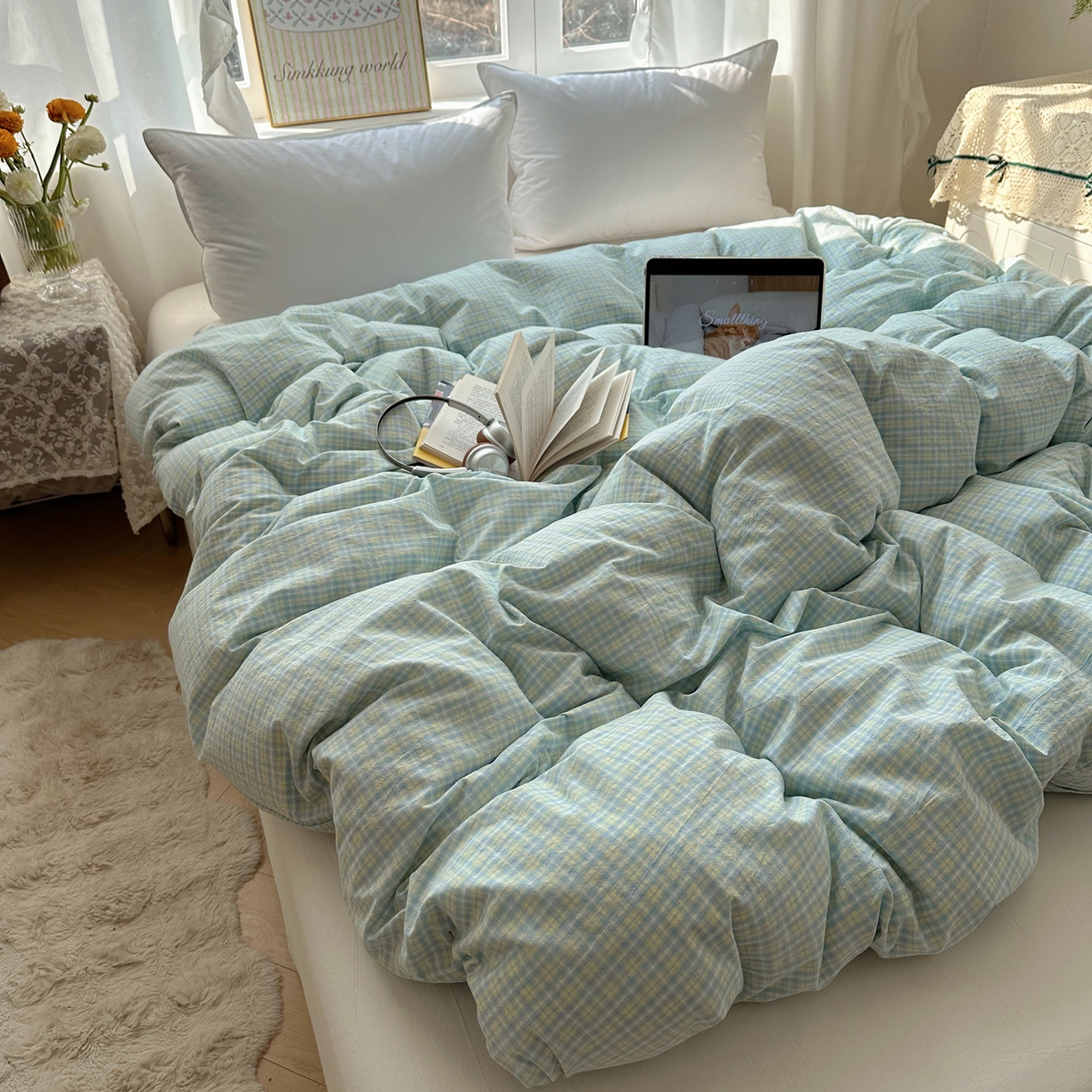 91家纺网 家纺一手货源 找家纺 六巷胡同 2026新款A类全棉纯棉水洗棉色织格子单品被套 被套单件 知序-蓝格