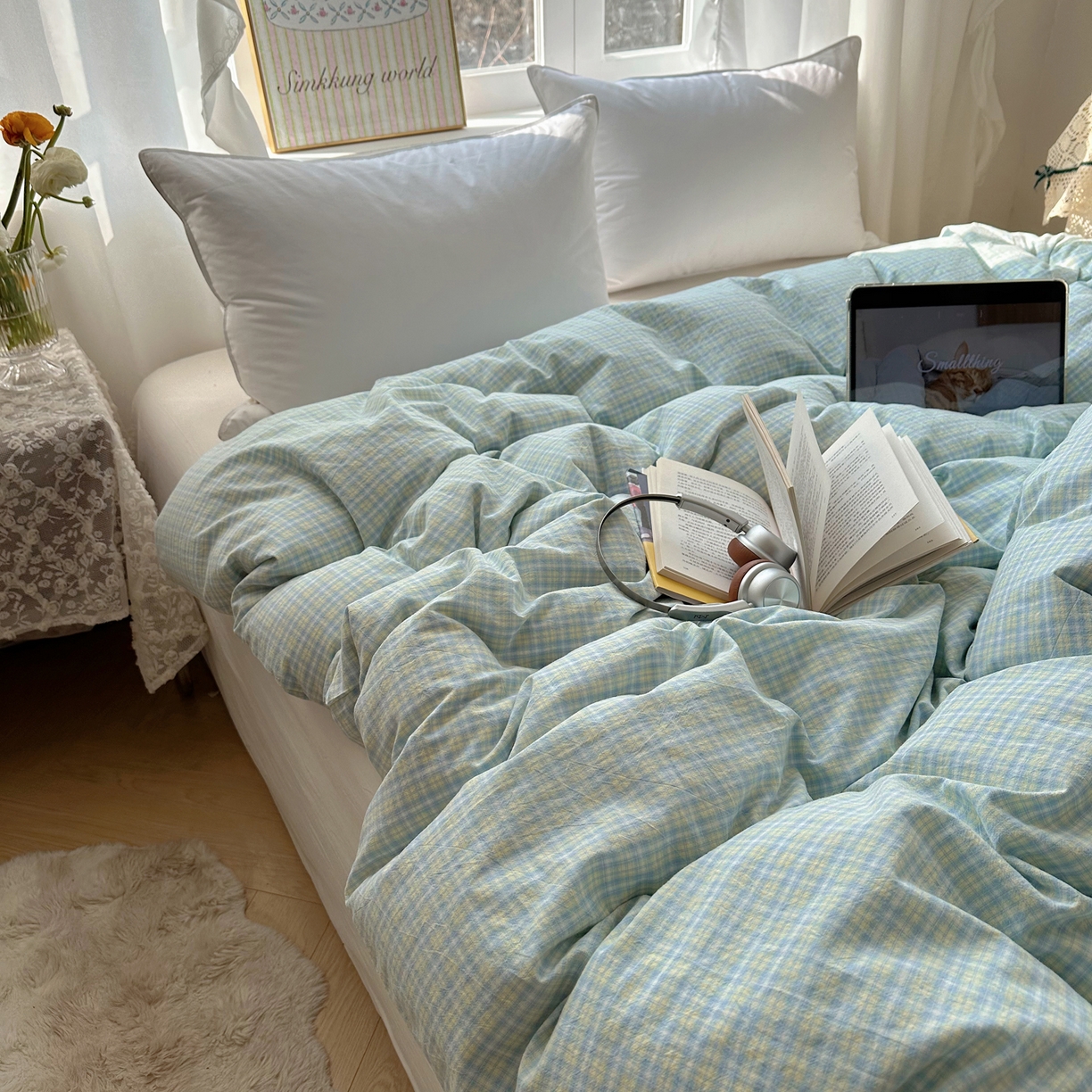 91家纺网 家纺一手货源 找家纺 六巷胡同 2026新款A类全棉纯棉水洗棉色织格子单品被套 被套单件 知序-蓝格
