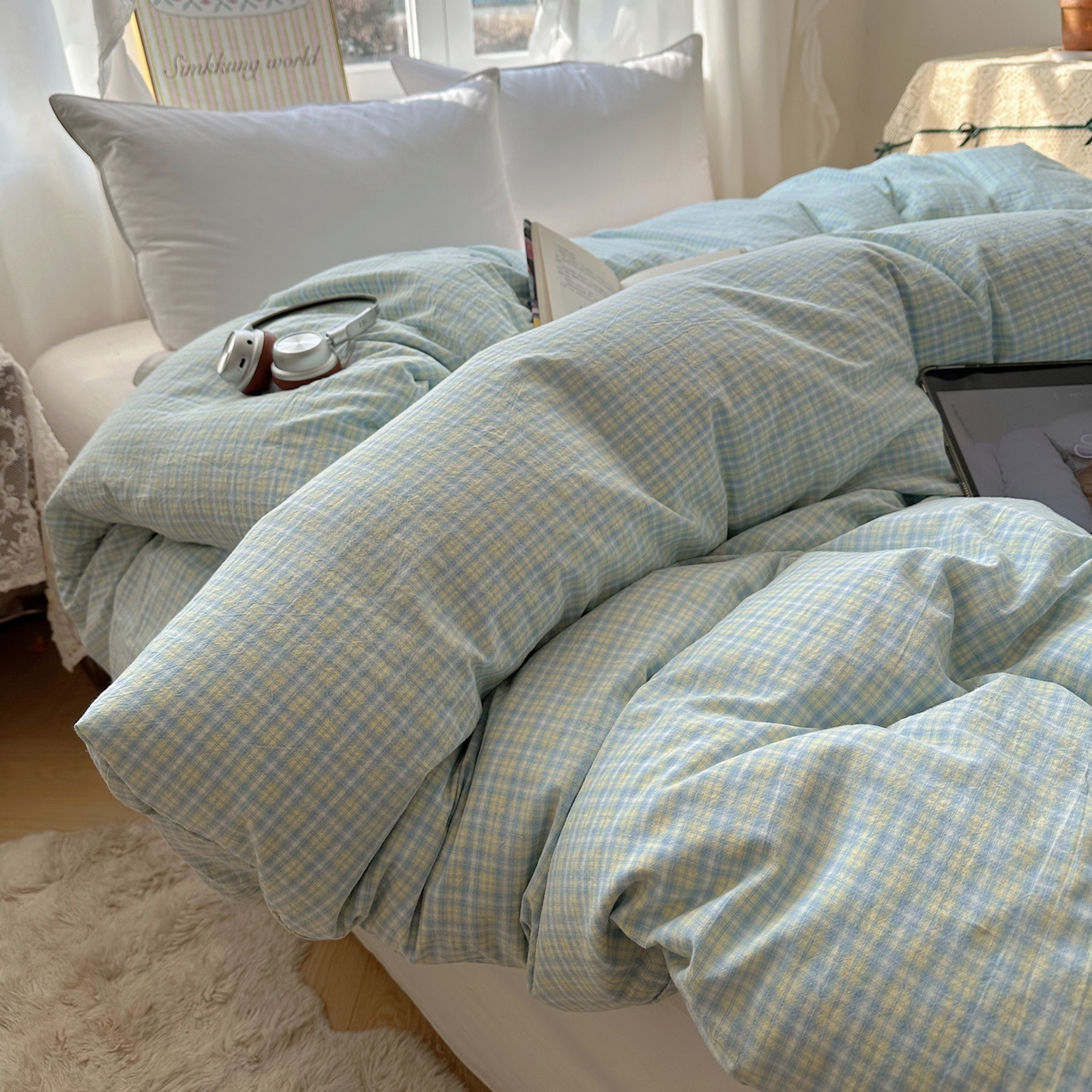 91家纺网 家纺一手货源 找家纺 六巷胡同 2026新款A类全棉纯棉水洗棉色织格子单品被套 被套单件 知序-蓝格