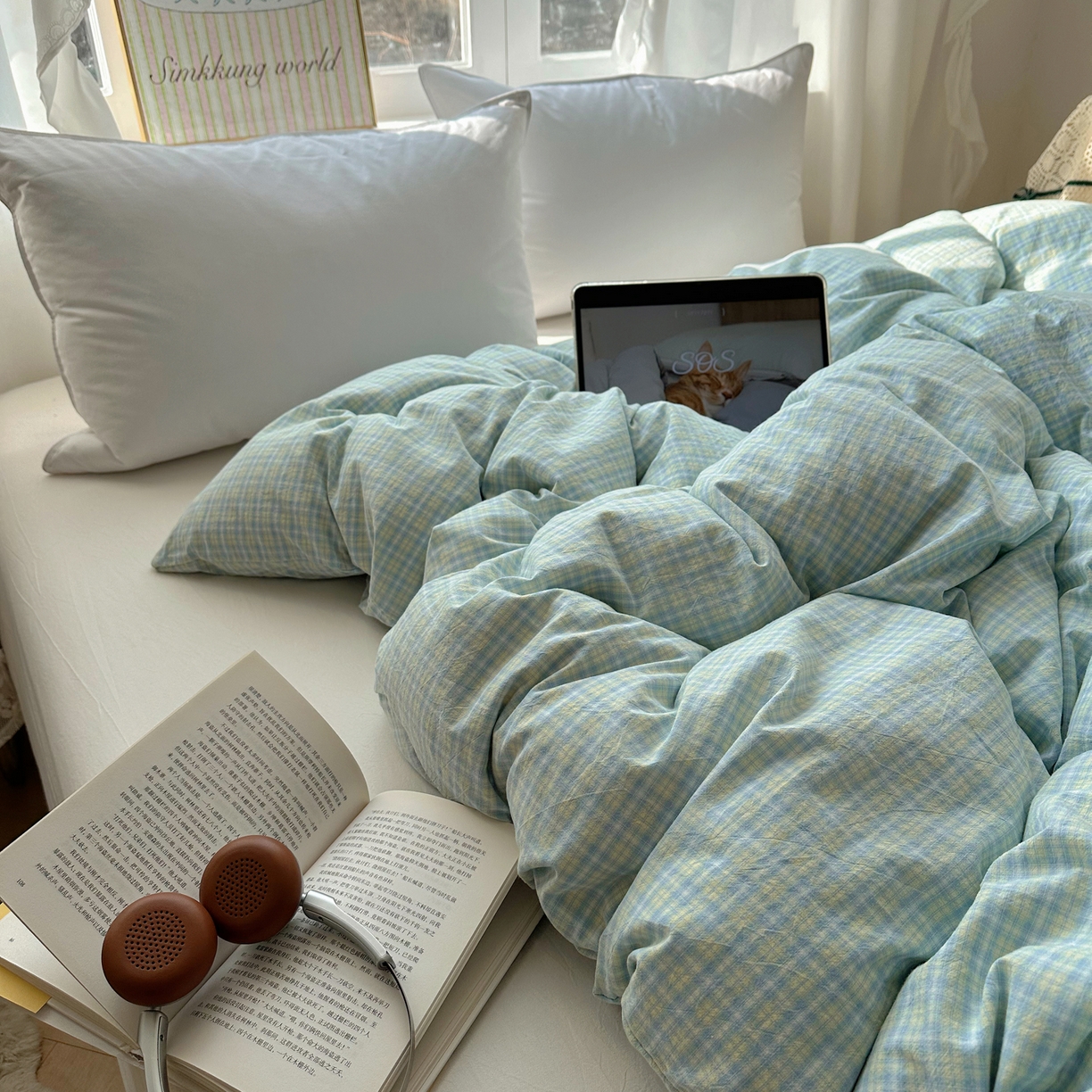 91家纺网 家纺一手货源 找家纺 六巷胡同 2026新款A类全棉纯棉水洗棉色织格子单品被套 被套单件 知序-蓝格