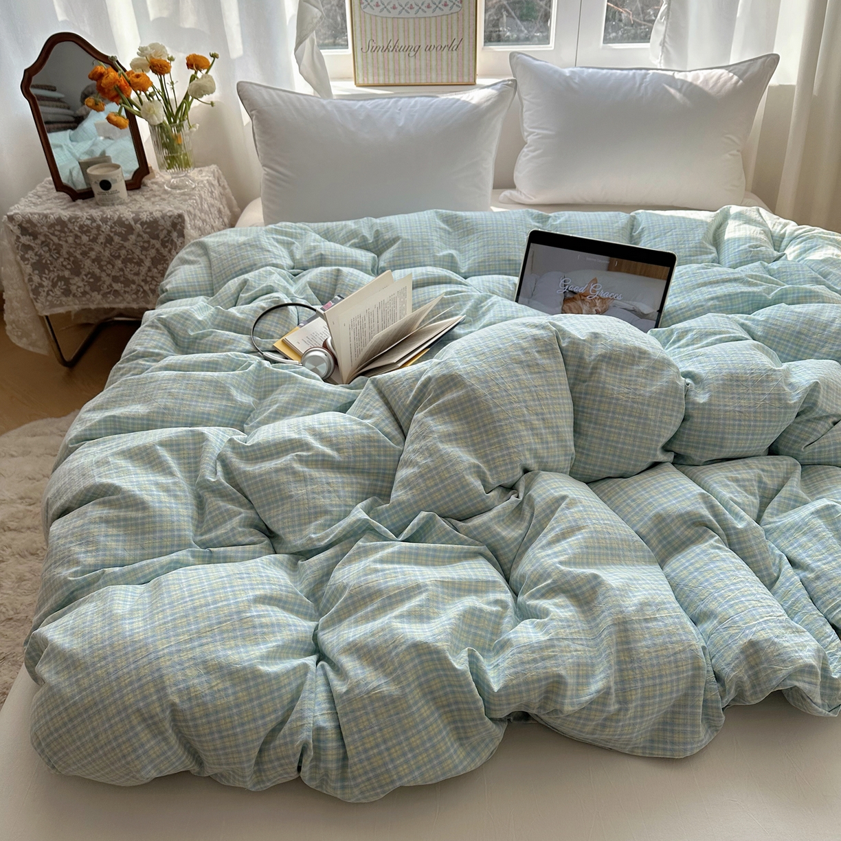91家纺网 家纺一手货源 找家纺 六巷胡同 2026新款A类全棉纯棉水洗棉色织格子单品被套 被套单件 知序-蓝格
