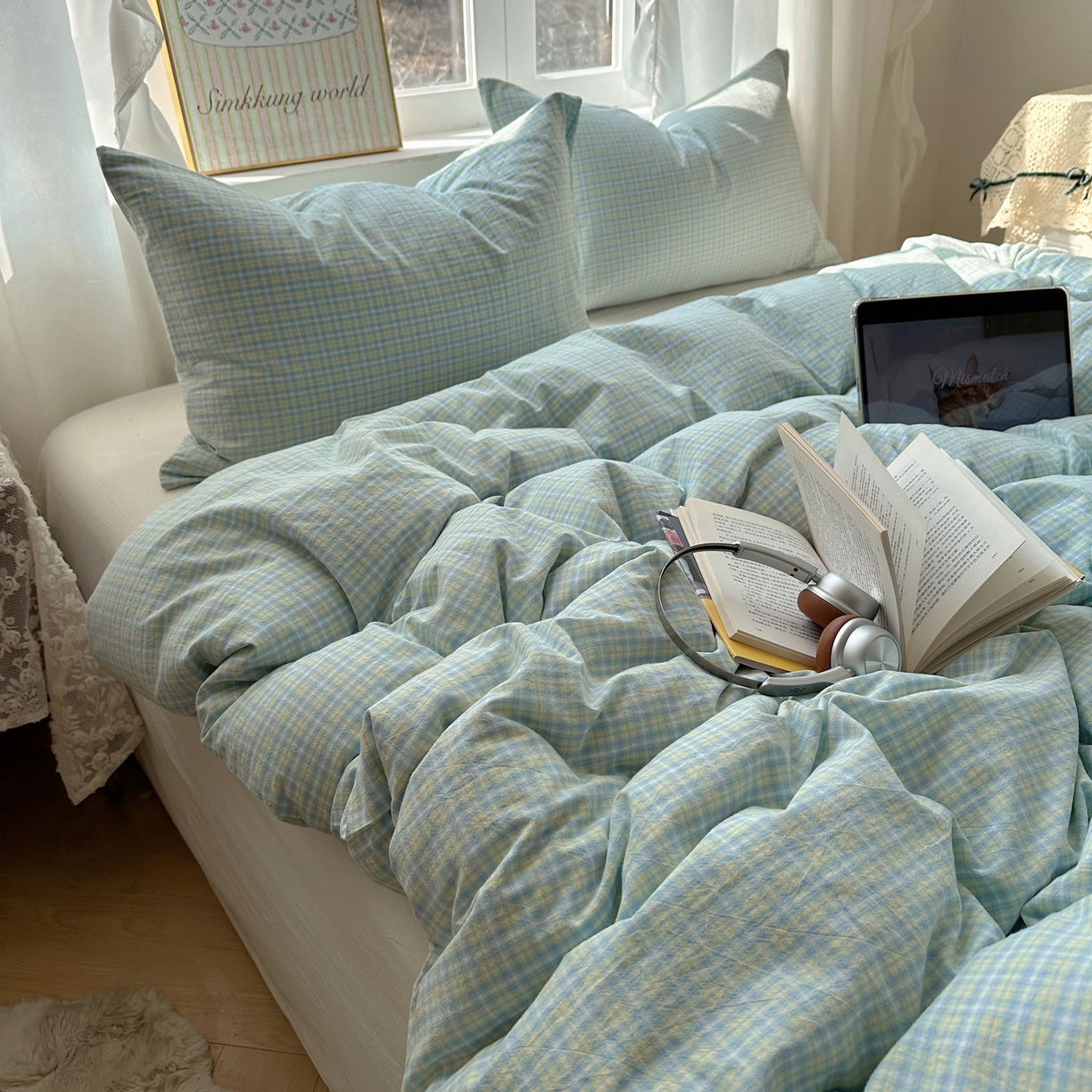 91家纺网 家纺一手货源 找家纺 六巷胡同 2026新款A类全棉纯棉水洗棉色织格子单品被套 被套单件 知序-蓝格