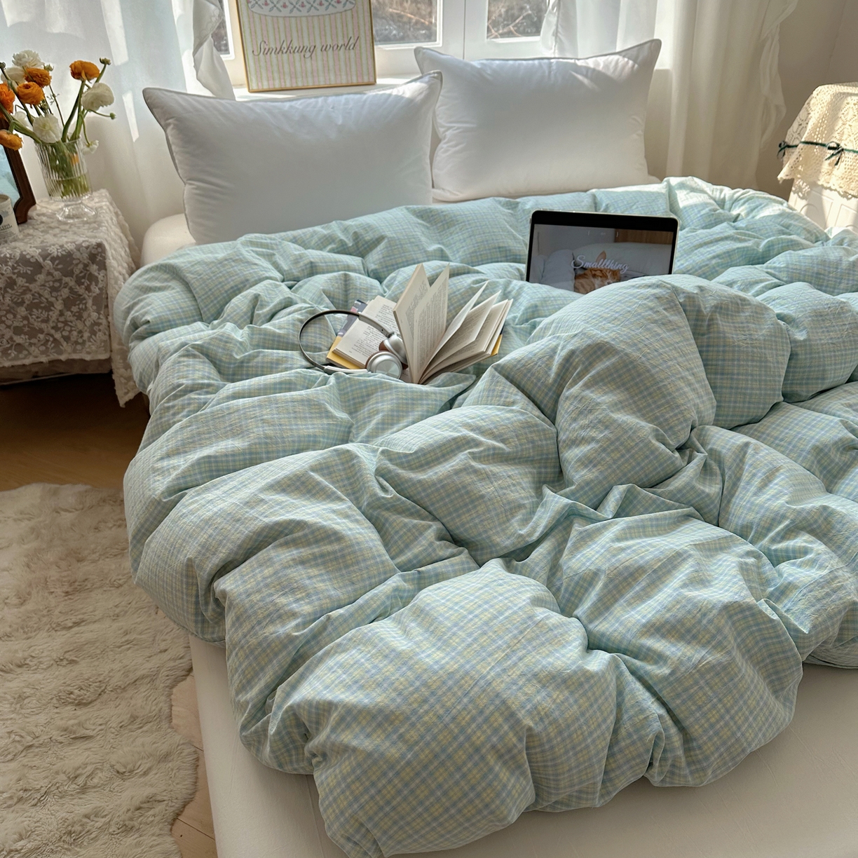 91家纺网 家纺一手货源 找家纺 六巷胡同 2026新款A类全棉纯棉水洗棉色织格子单品被套 被套单件 知序-蓝格