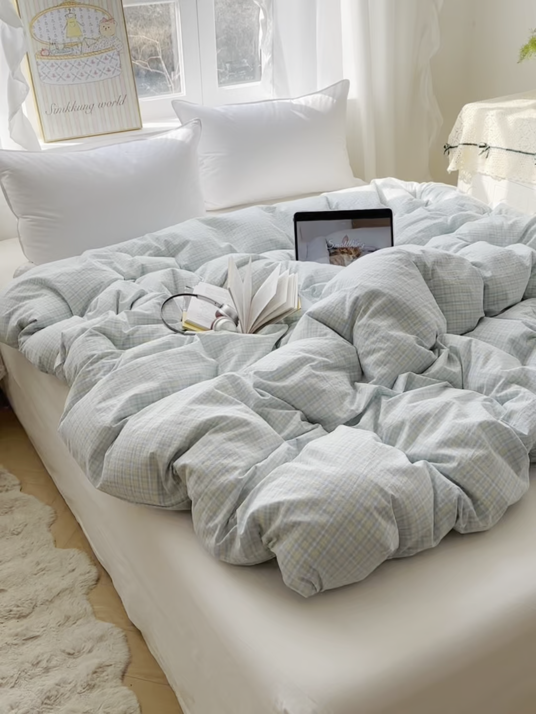 91家纺网 家纺一手货源 找家纺 六巷胡同 2026新款A类全棉纯棉水洗棉色织格子单品被套 被套单件 知序-蓝格