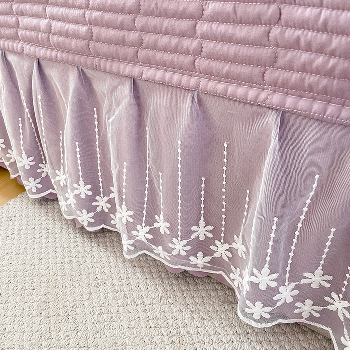 91家纺网 家纺一手货源 找家纺 艺慕家纺 2026新款直播热款古法仿棉AB版水洗棉印花双层蕾丝花边床盖四件套 AB版-紫色樱桃