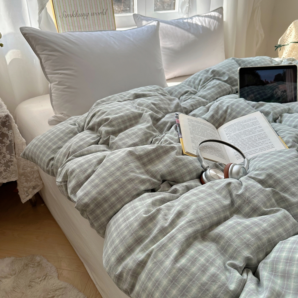 91家纺网 家纺一手货源 找家纺 六巷胡同 2026新款A类全棉纯棉水洗棉色织格子单品被套 被套单件 知序-绿格