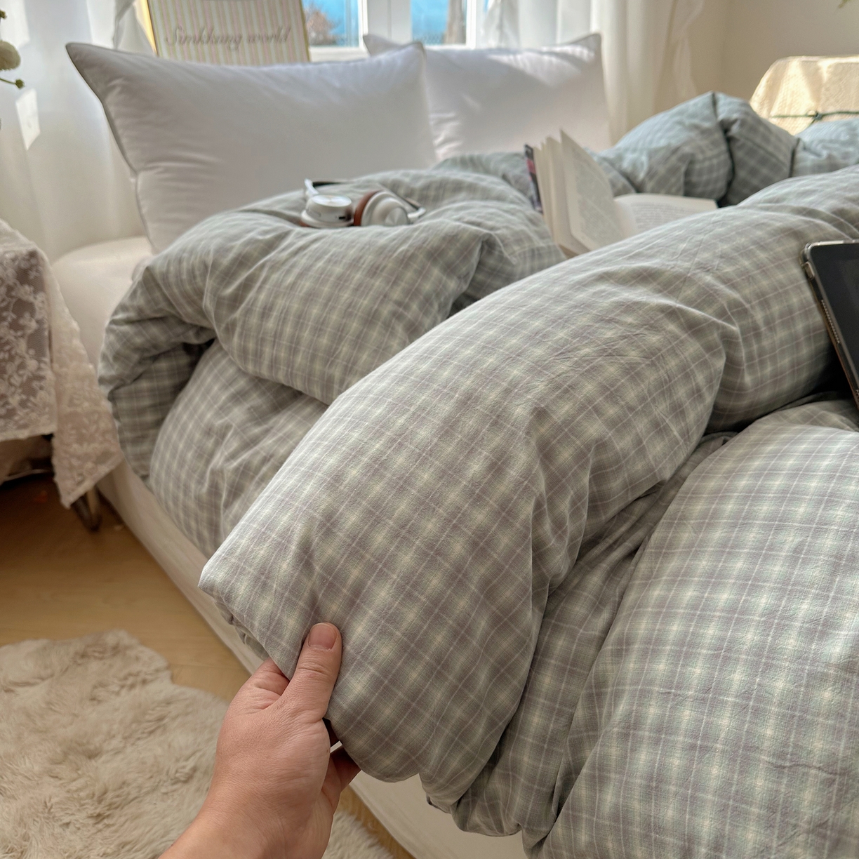 91家纺网 家纺一手货源 找家纺 六巷胡同 2026新款A类全棉纯棉水洗棉色织格子单品被套 被套单件 知序-绿格