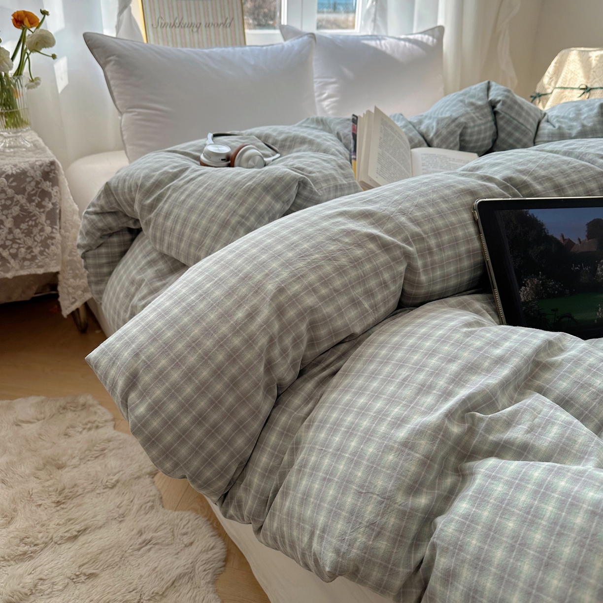 91家纺网 家纺一手货源 找家纺 六巷胡同 2026新款A类全棉纯棉水洗棉色织格子单品被套 被套单件 知序-绿格