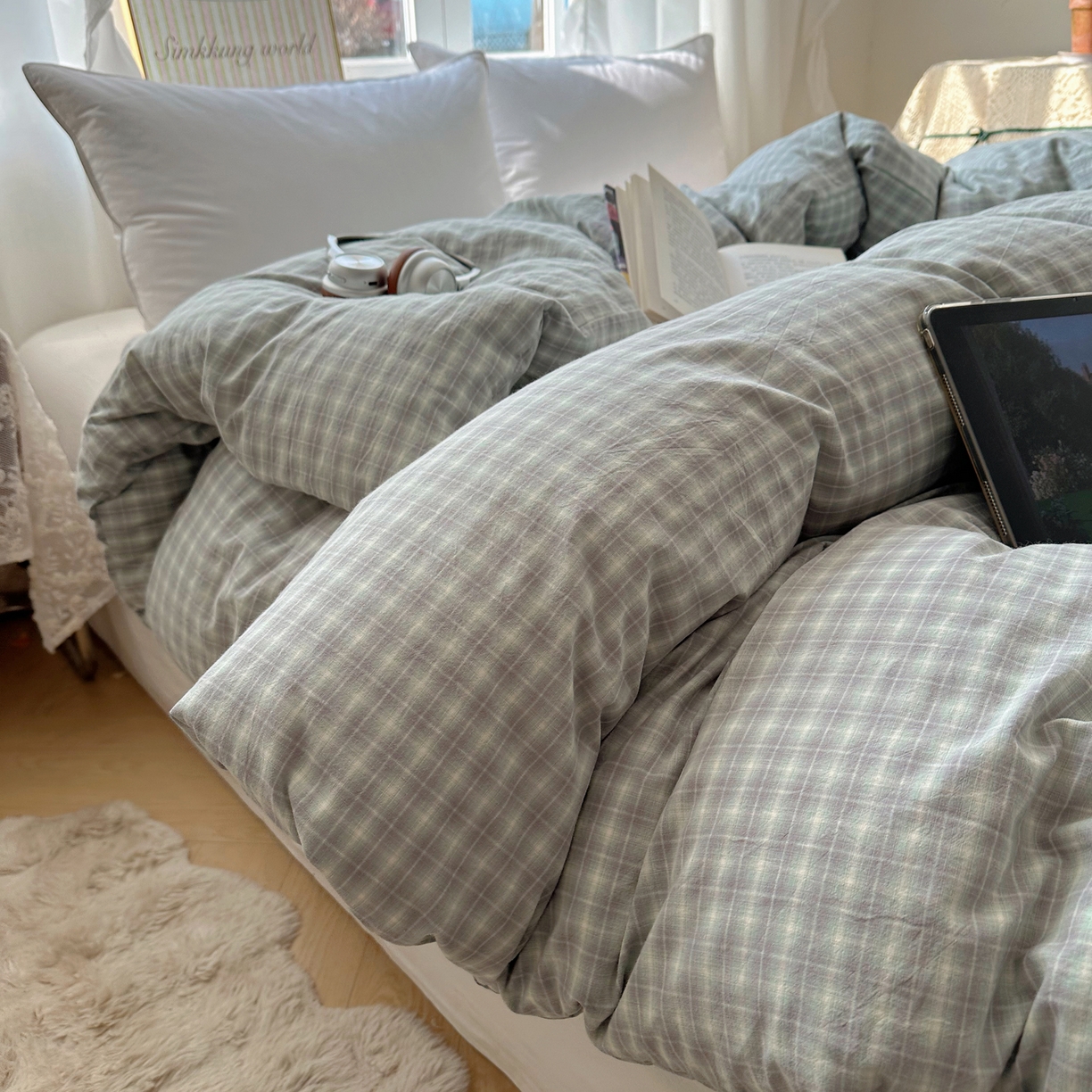 91家纺网 家纺一手货源 找家纺 六巷胡同 2026新款A类全棉纯棉水洗棉色织格子单品被套 被套单件 知序-绿格